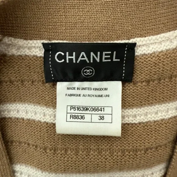Chanel cashmere tan white striped dress size 38